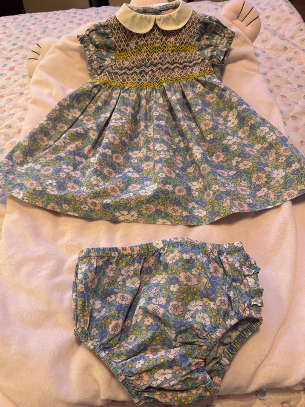 Baby Boden Blue Floral Smocked Dress with Bloomers